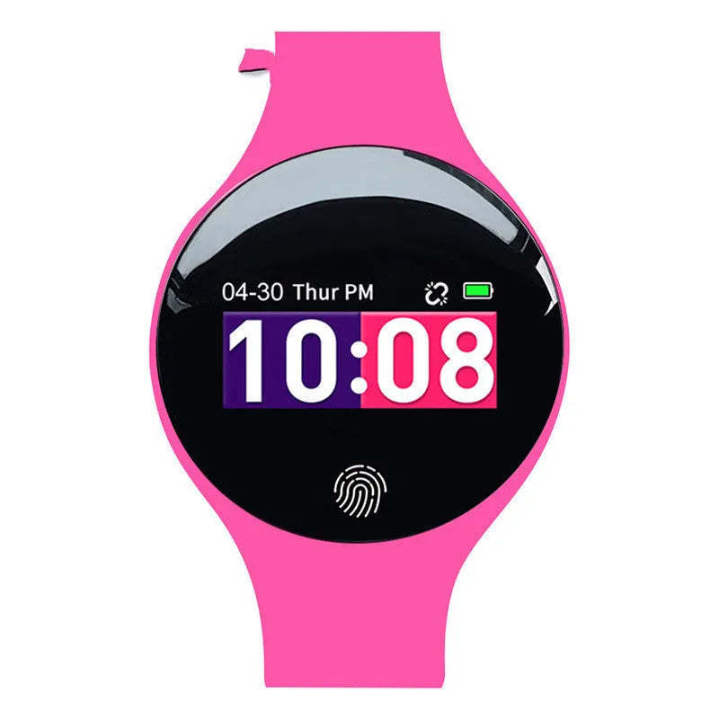 Blue smart watch with black strap showing 0.66-inch screen, vibrating alarm, and pedometer functions on a wrist.