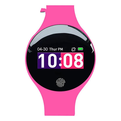 Blue smart watch with black strap showing 0.66-inch screen, vibrating alarm, and pedometer functions on a wrist.