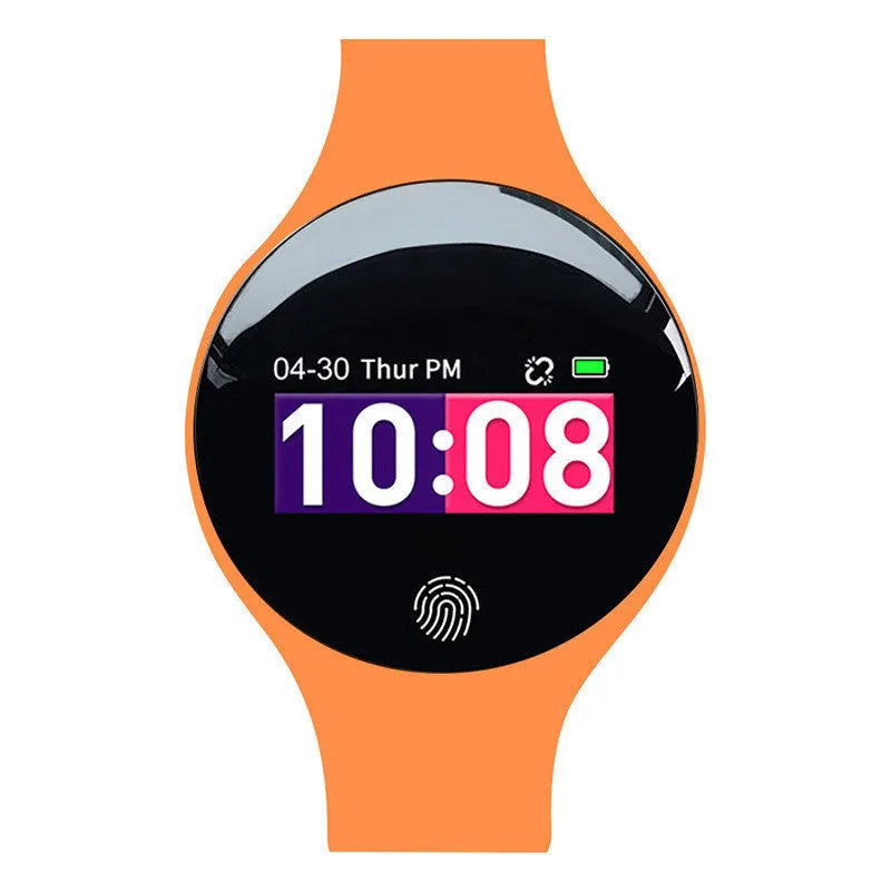 Blue smart watch with black strap showing 0.66-inch screen, vibrating alarm, and pedometer functions on a wrist.