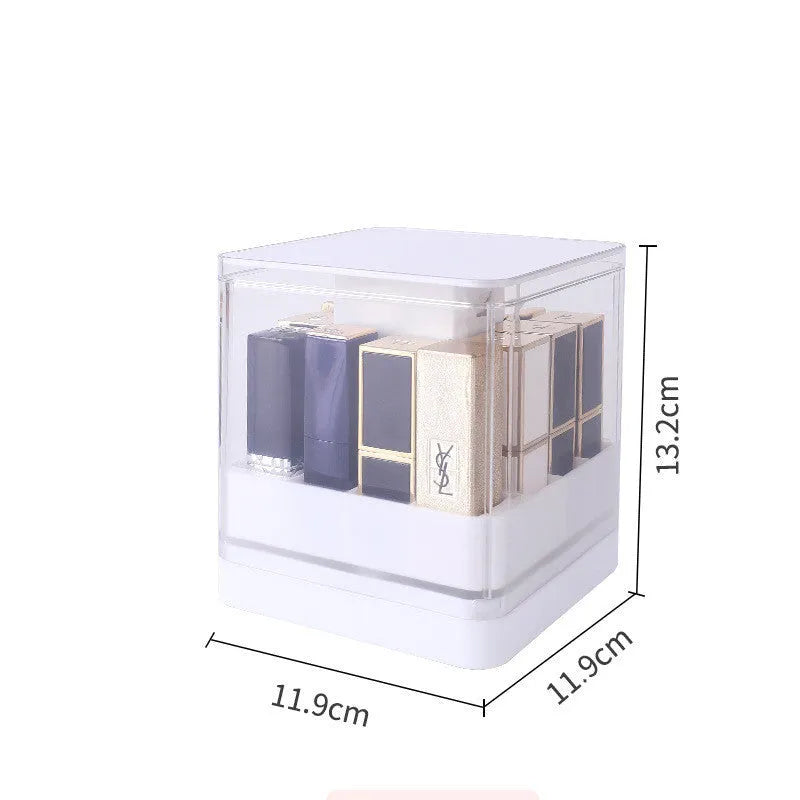 Press-lift lipstick storage box in pink or white, holding 8 or 12 lipsticks, dimensions 8.3x8.3x16.3cm or 11.9x11.9x13.2cm