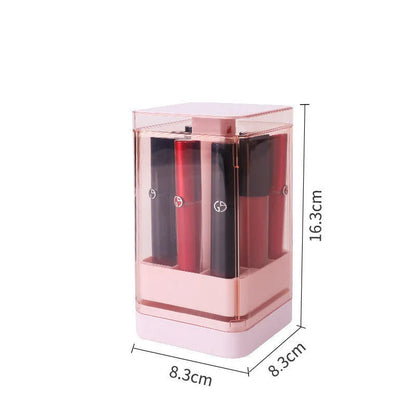 Press-lift lipstick storage box in pink or white, holding 8 or 12 lipsticks, dimensions 8.3x8.3x16.3cm or 11.9x11.9x13.2cm