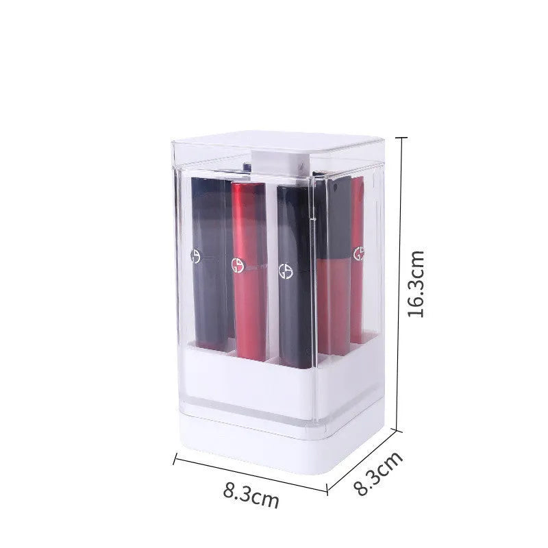 Press-lift lipstick storage box in pink or white, holding 8 or 12 lipsticks, dimensions 8.3x8.3x16.3cm or 11.9x11.9x13.2cm