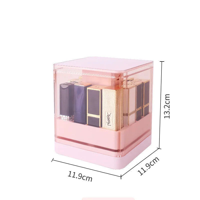 Press-lift lipstick storage box in pink or white, holding 8 or 12 lipsticks, dimensions 8.3x8.3x16.3cm or 11.9x11.9x13.2cm