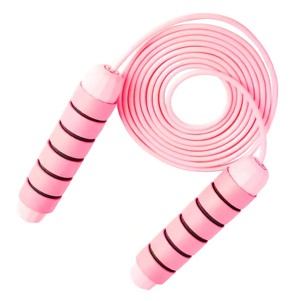 Pink and grey skipping rope with weighted handles and adjustable length mechanism for fitness training
