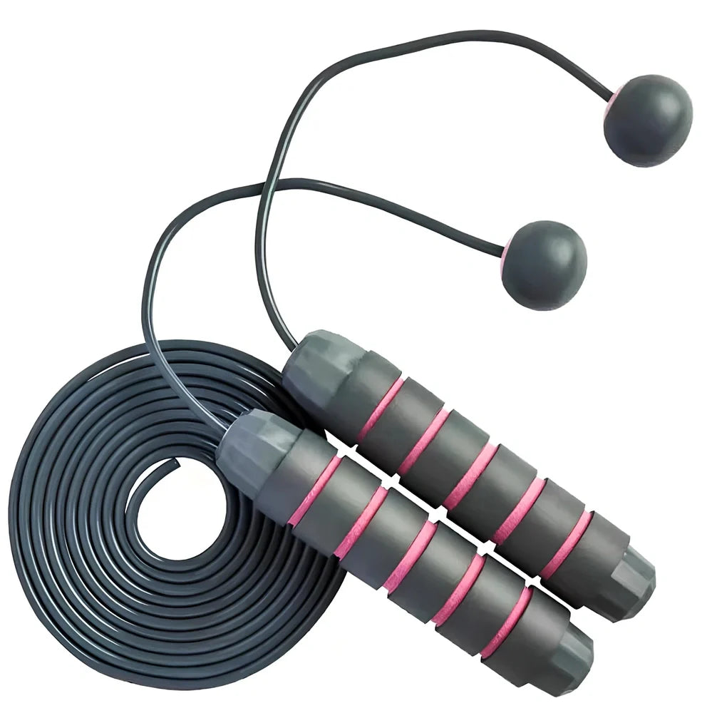 Pink and grey skipping rope with weighted handles and adjustable length mechanism for fitness training