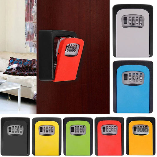 Wall-mounted key storage box with 4-digit combination lock, available in multiple colors for secure and convenient key organization