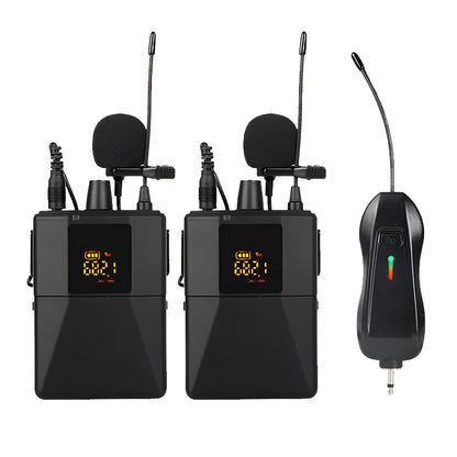 Little Bee X3 black wireless lavalier microphone and charging case on a table