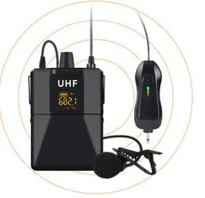 Little Bee X3 black wireless lavalier microphone with clip, transmitter, receiver, and USB-C adapter on a table.