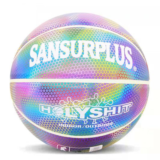 Glowing luminous basketball with mesmerizing rainbow, moon, and multicolored lighting effects for dazzling nighttime games