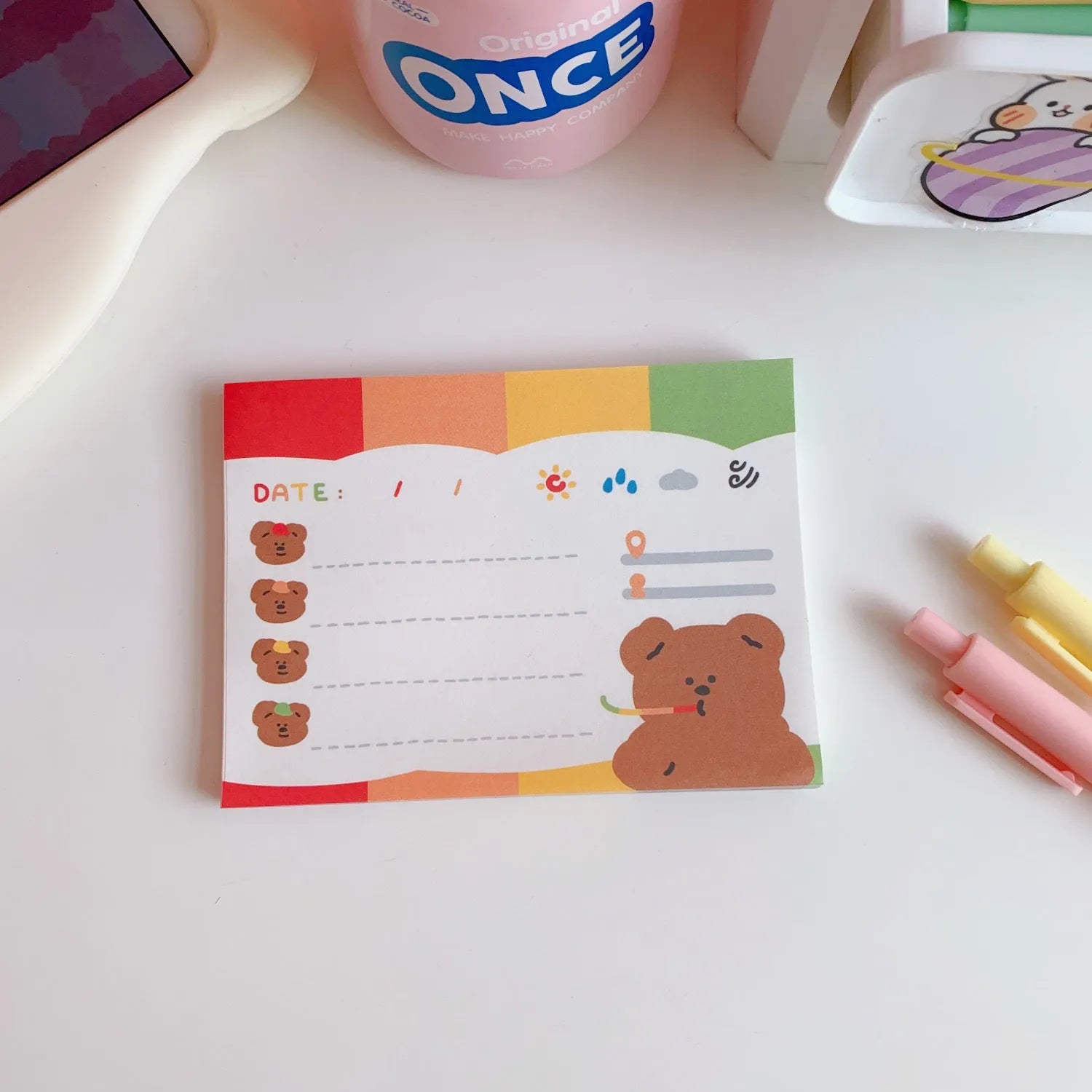 Kawaii bear cartoon memo pad notebook with colourful cover showing daily task list