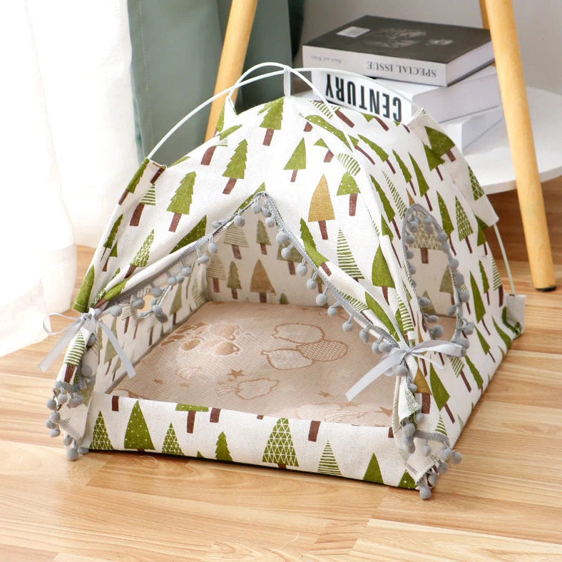 Enclosed cat tent pet bed in green colour with waterproof fabric for outdoor use