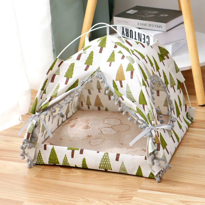 Enclosed cat tent pet bed in green colour with waterproof fabric for outdoor use