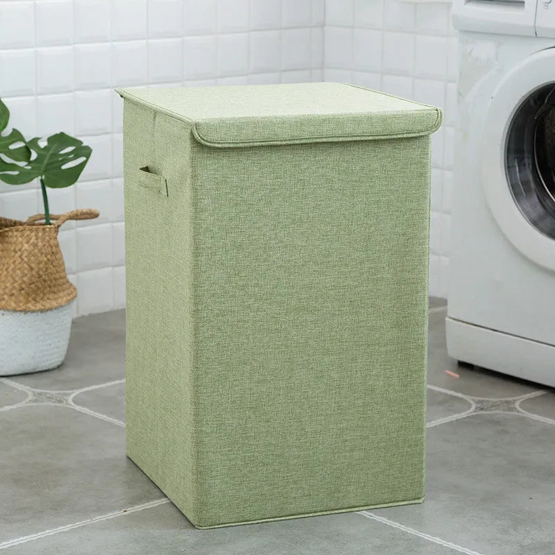 Large and small washable covered clothes sorting box in beige, brown, green, or grey made from cotton and linen fabric, for organising clothing and laundry in bathrooms and other household storage areas