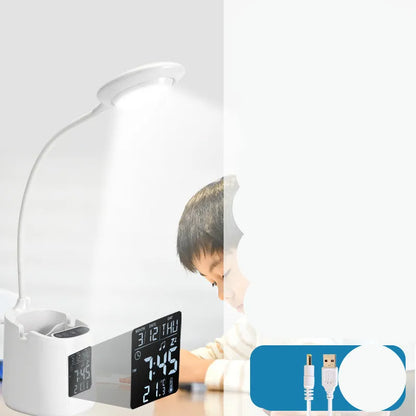 White USB desk lamp with touch switch on a wooden desk
