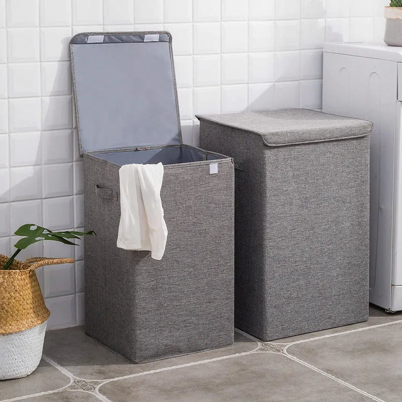 Beige cotton linen fabric covered laundry sorting storage box