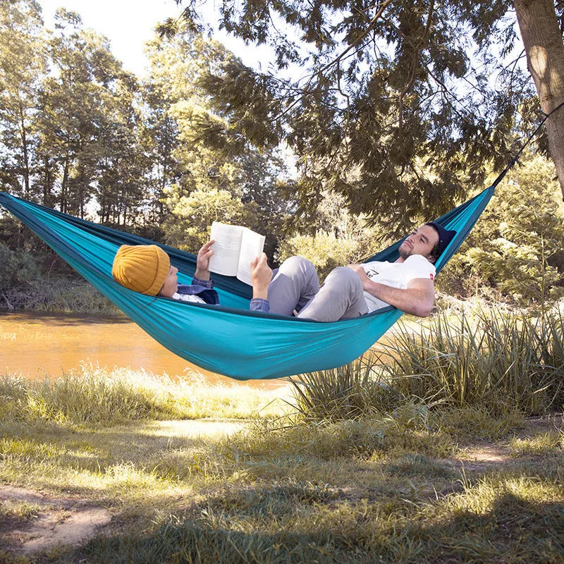 Double anti-rollover hammock swing in orange, grey, or blue for outdoor camping