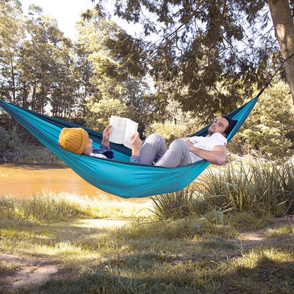 Double anti-rollover hammock swing in orange, grey, or blue for outdoor camping