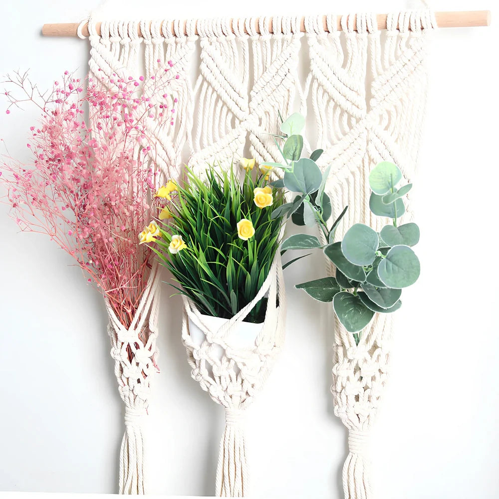 White hand-woven cotton tapestry measuring 50x65cm with grid pattern for dried flower pots, includes 40cm beech hanging rod
