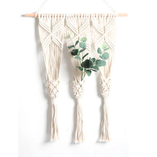 White hand-woven cotton tapestry measuring 50x65cm with grid pattern for dried flower pots, includes 40cm beech hanging rod