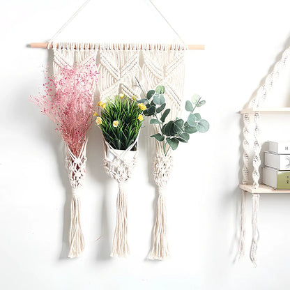 White hand-woven cotton tapestry measuring 50x65cm with grid pattern for dried flower pots, includes 40cm beech hanging rod