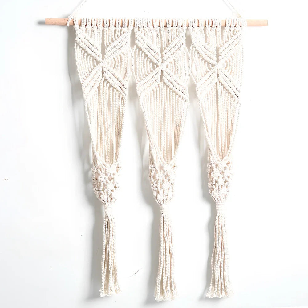 White hand-woven cotton tapestry measuring 50x65cm with grid pattern for dried flower pots, includes 40cm beech hanging rod