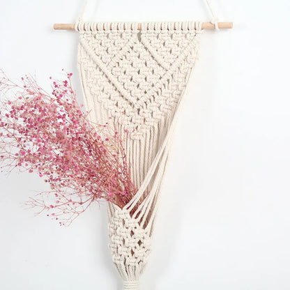 White hand-woven cotton net bag wall decoration with rectangular grid pattern measuring 30x70cm