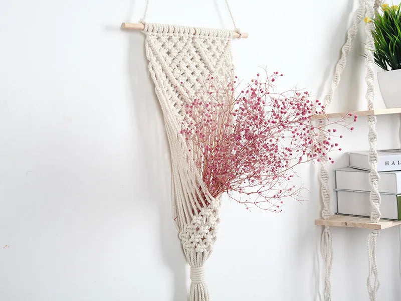 White hand-woven cotton net bag wall decoration with rectangular grid pattern measuring 30x70cm