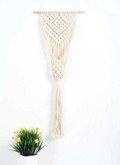 White hand-woven cotton net bag wall decoration with rectangular grid pattern measuring 30x70cm