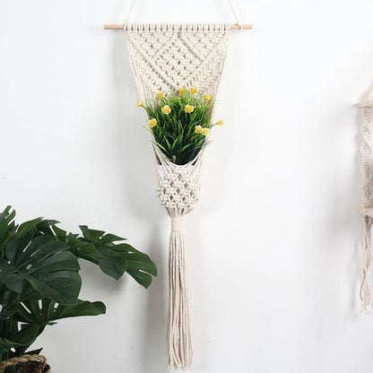 White hand-woven cotton net bag wall decoration with rectangular grid pattern measuring 30x70cm
