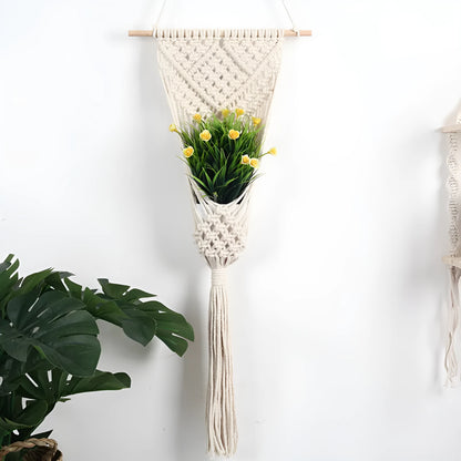 White hand-woven cotton net bag wall decoration with rectangular grid pattern measuring 30x70cm