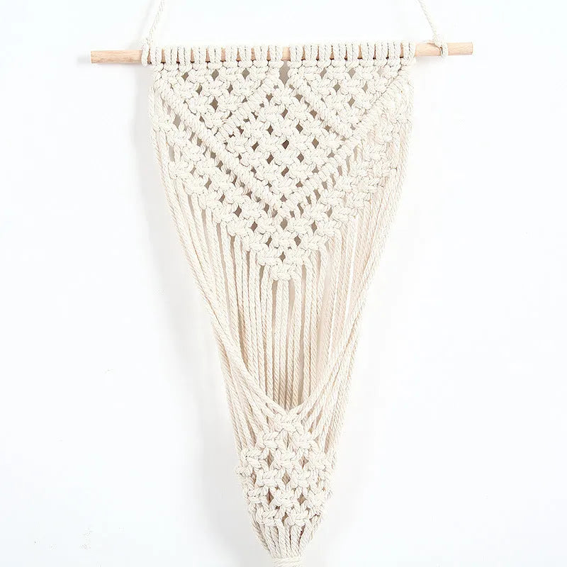 White hand-woven cotton net bag wall decoration with rectangular grid pattern measuring 30x70cm