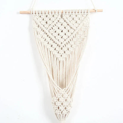 White hand-woven cotton net bag wall decoration with rectangular grid pattern measuring 30x70cm