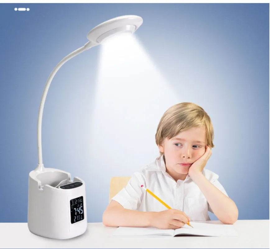 White USB desk lamp with touch switch on a wooden desk