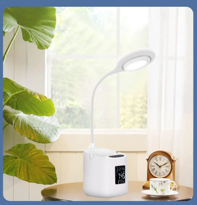 White USB desk lamp with touch switch on a wooden desk
