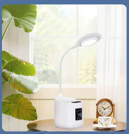 White USB desk lamp with touch switch on a wooden desk