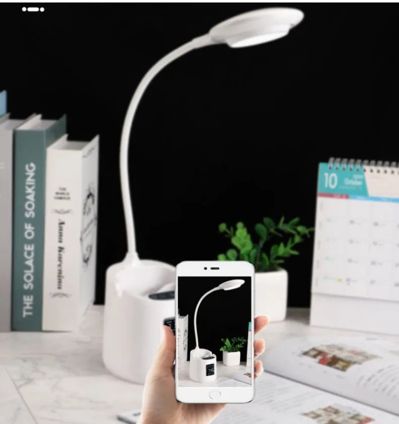 White USB desk lamp with touch switch on a wooden desk