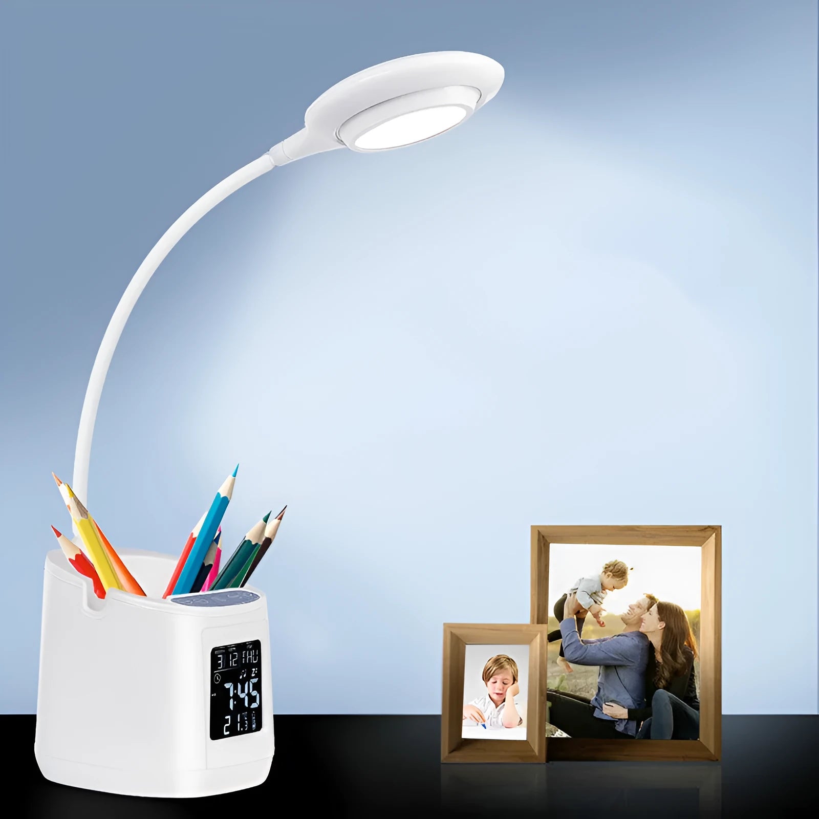 White USB desk lamp with touch switch on a wooden desk