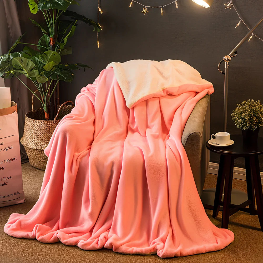 Brown flannel blanket with 170g weight measurement shown on sofa, demonstrating size coverage and texture detail