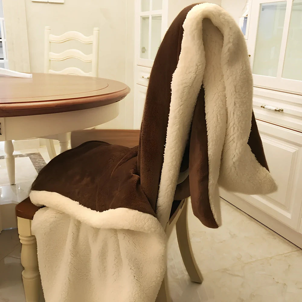 Brown flannel blanket with 170g weight measurement shown on sofa, demonstrating size coverage and texture detail