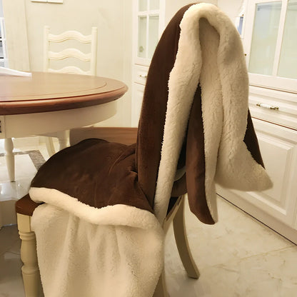 Brown flannel blanket with 170g weight measurement shown on sofa, demonstrating size coverage and texture detail