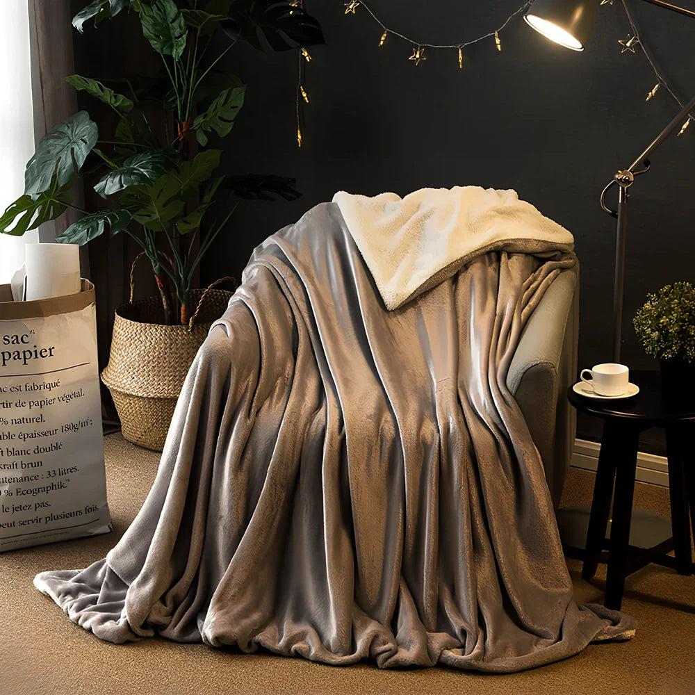 Brown flannel blanket with 170g weight measurement shown on sofa, demonstrating size coverage and texture detail
