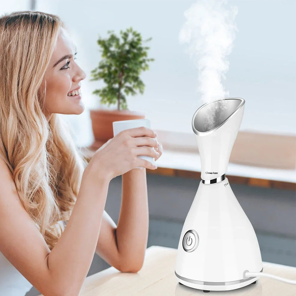 White face steamer device with 70ml water tank and micro-nano moisture technology for deep skin penetration