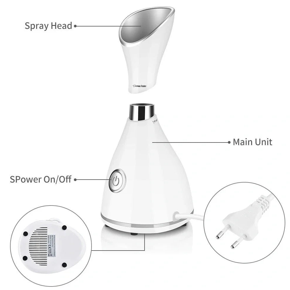 White face steamer device with 70ml water tank and micro-nano moisture technology for deep skin penetration