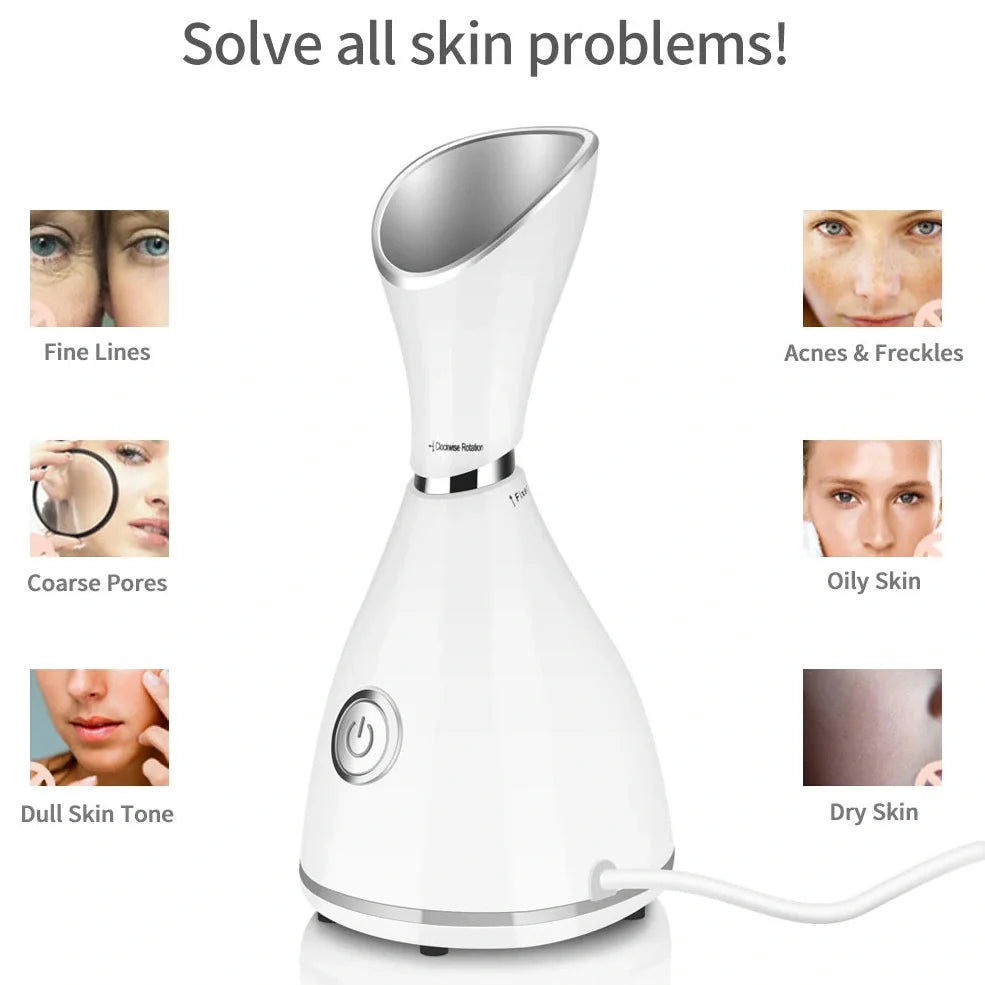 White face steamer device with 70ml water tank and micro-nano moisture technology for deep skin penetration