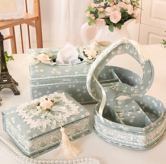 Ceramic tissue box with jewellery storage compartments in bright apricot, green, or pink