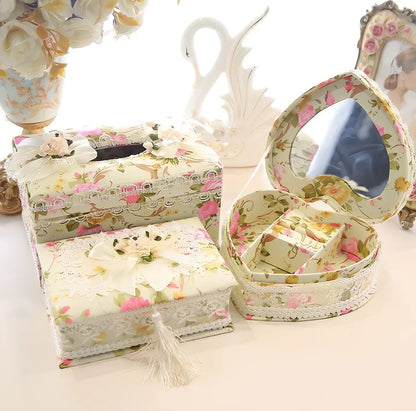 Ceramic tissue box with jewellery storage compartments in bright apricot, green, or pink