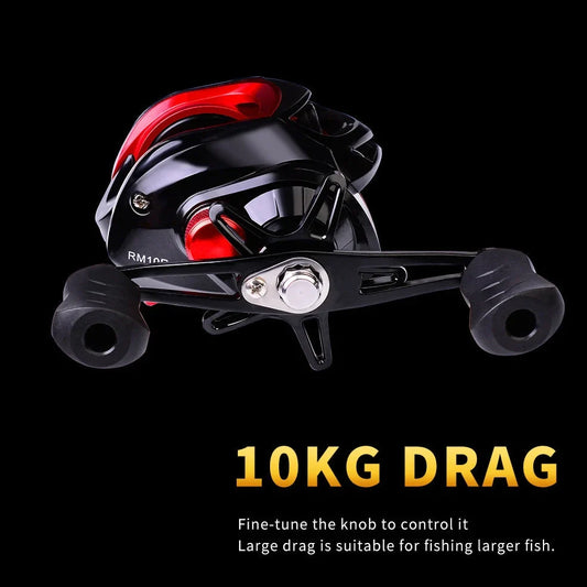Metal drop wheel fishing reel with graphite body, magnetic brakes, and 7.2:1 gear ratio for sea fishing