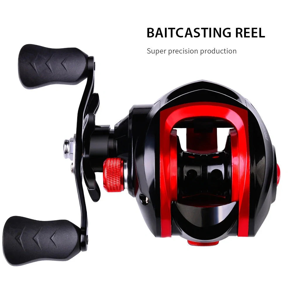 Metal drop wheel fishing reel with graphite body, magnetic brakes, and 7.2:1 gear ratio for sea fishing