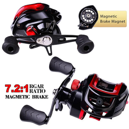 Metal drop wheel fishing reel with graphite body, magnetic brakes, and 7.2:1 gear ratio for sea fishing