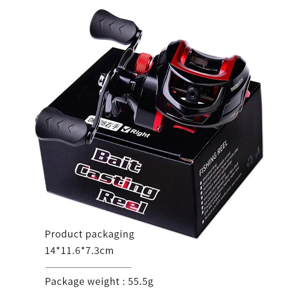 Metal drop wheel fishing reel with graphite body, magnetic brakes, and 7.2:1 gear ratio for sea fishing